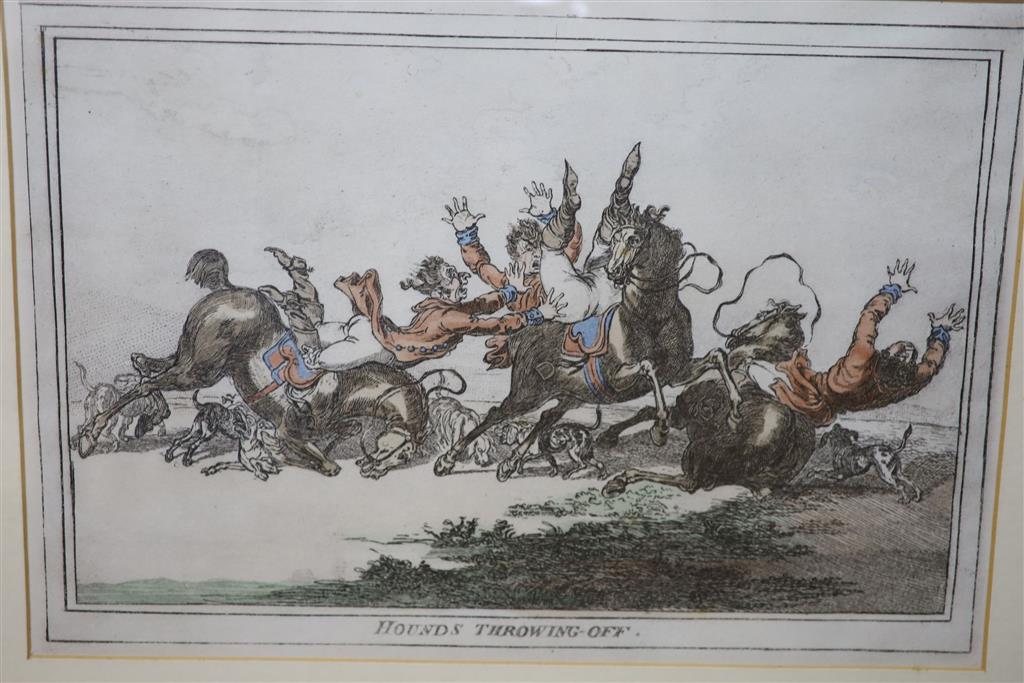 After Gilray, set of 4 coloured engravings (reprints), Hunting scenes, 26 x 38cm.